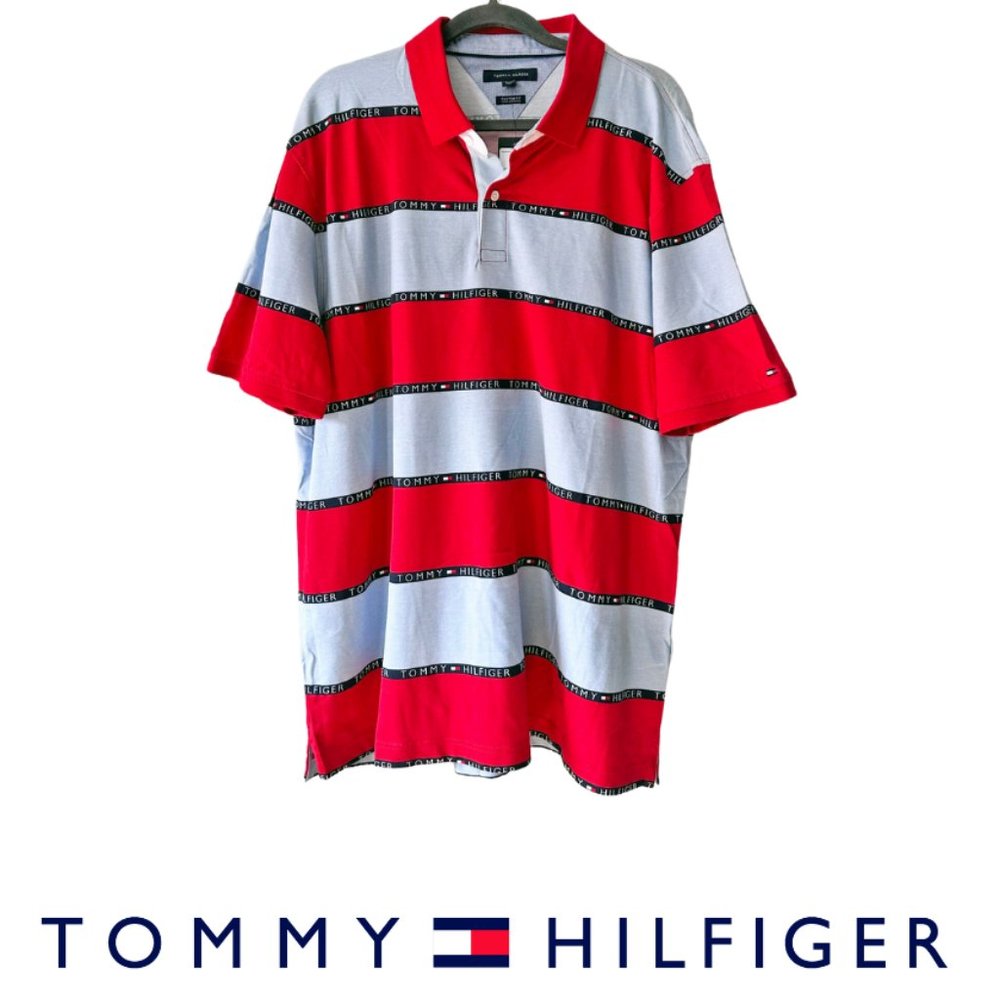 Men's Tommy Hilfiger Red and Blue Striped Custom Fit Polo